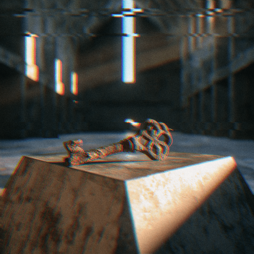 LIMEN — the abstract key artifact, glitching between two rooms